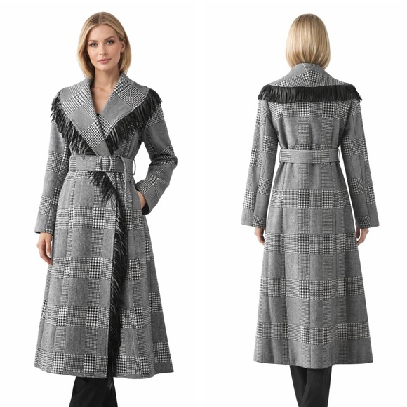M Signature Label Collection Jackets & Blazers - Houndstooth Microfiber Fringe Long Jacket